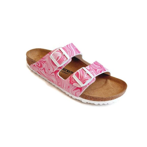 Birkenstock Arizona Birko-Flor Sandals Womens 11 Marble Twirl Fuchsia Tulip Pink - Picture 1 of 9